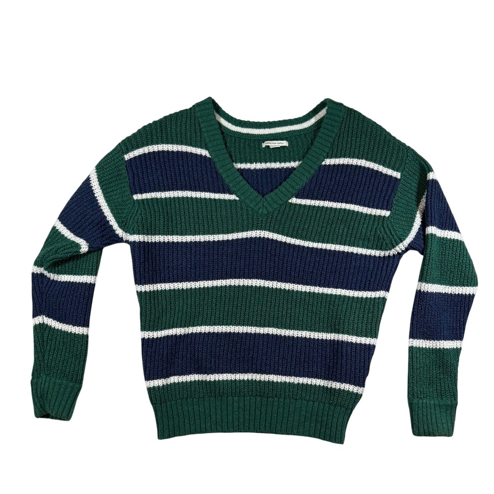American Eagle Striped V-Neck Sweater Womans M Green Navy Blue Ribbed Knit